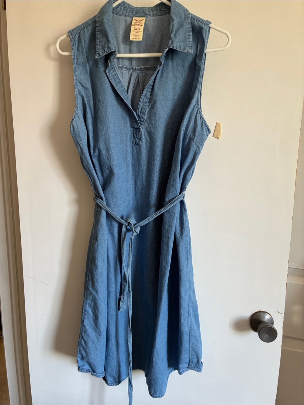 Sleeveless Chambray Shirt Dress with Waist Tie - Blue, 100 % cotton